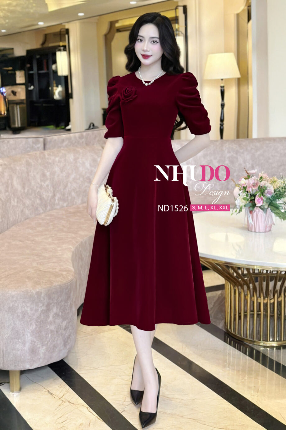 ND1526 Váy Thiết Kế Tay Nhún Xếp Li Tinh Tế