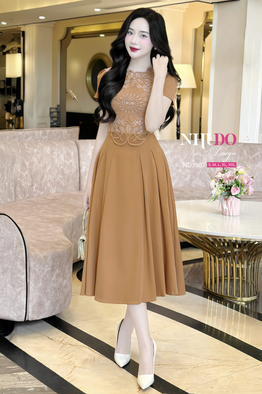 ND3907 Váy Dáng Xòe Phối Ren Nổi Cao Cấp