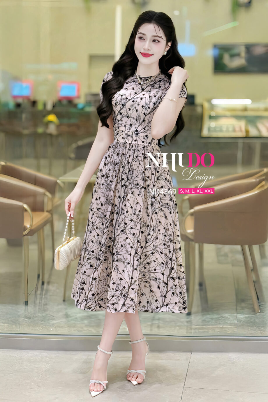 ND4369 Váy Công Sở Gắn Họa Tiết Sao Nhung Nổi Bật