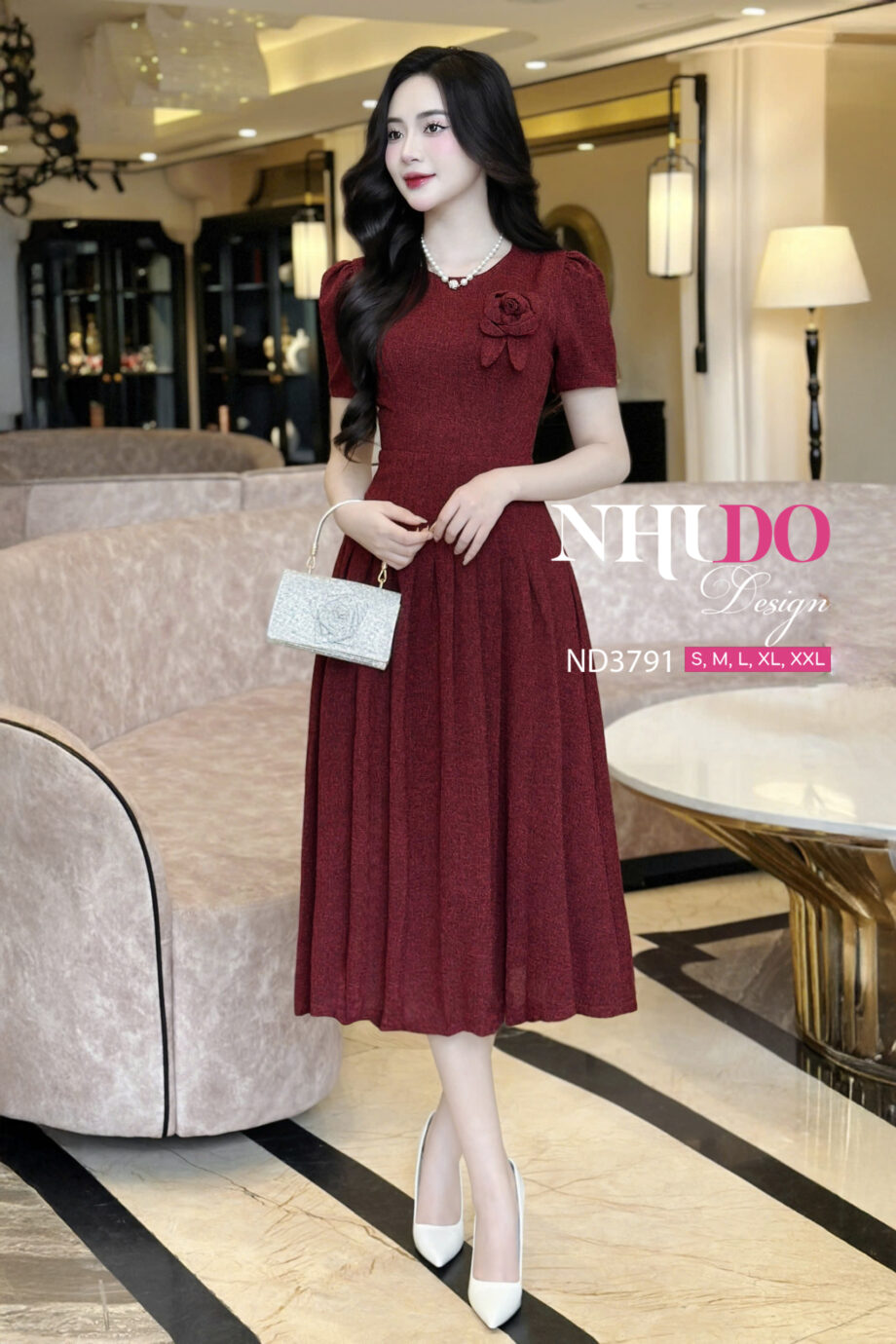 ND3791 Váy Thiết Kế Đính Hoa Dáng Xòe Nổi Bật