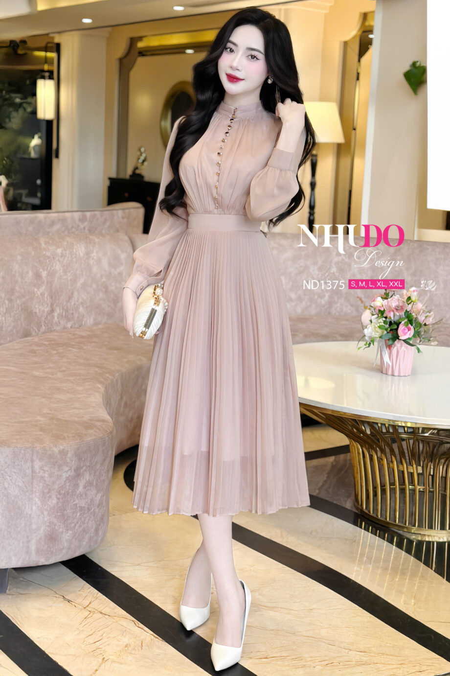 ND1375 Váy Dáng Xòe Đai Eo Tôn Dáng Đính Cúc Nghệ Thuật