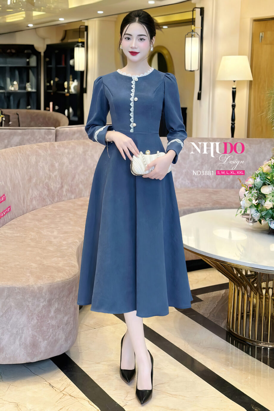 ND3881 Váy Dáng Xòe Thiết Kế Tay Dài Phối Viền Ren