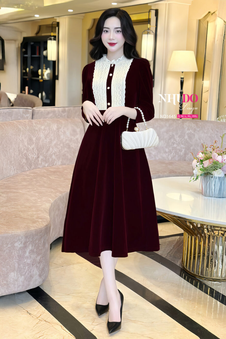 ND1645 Váy Thiết Kế Nhung Hàn Phối Ren Tinh Tế