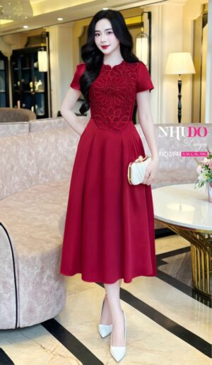 ND3941 Váy Thiết Kế Dáng Xòe Phối Ren Nghệ Thuật