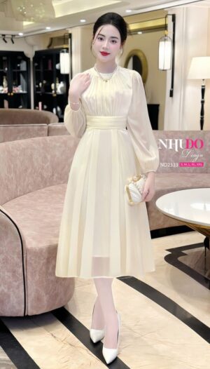 ND2333 Váy Thiết Kế Xếp Li Tay Dài Thanh Lịch