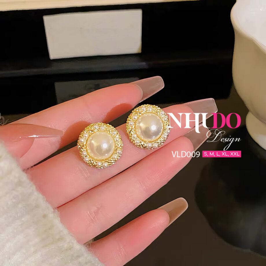 VLD009 Khuyên Tai Thiết Kế Đính Ngọc Trai Lớn Lấp Lánh