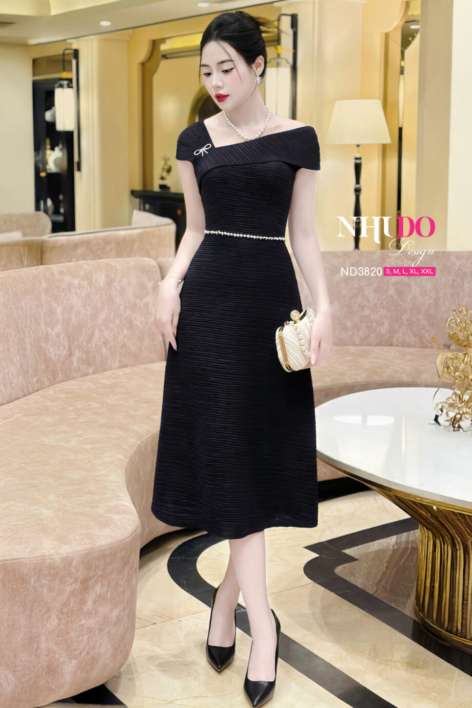 ND3820 Váy Dáng Xòe Cài Ngọc Nơ Tinh Tế