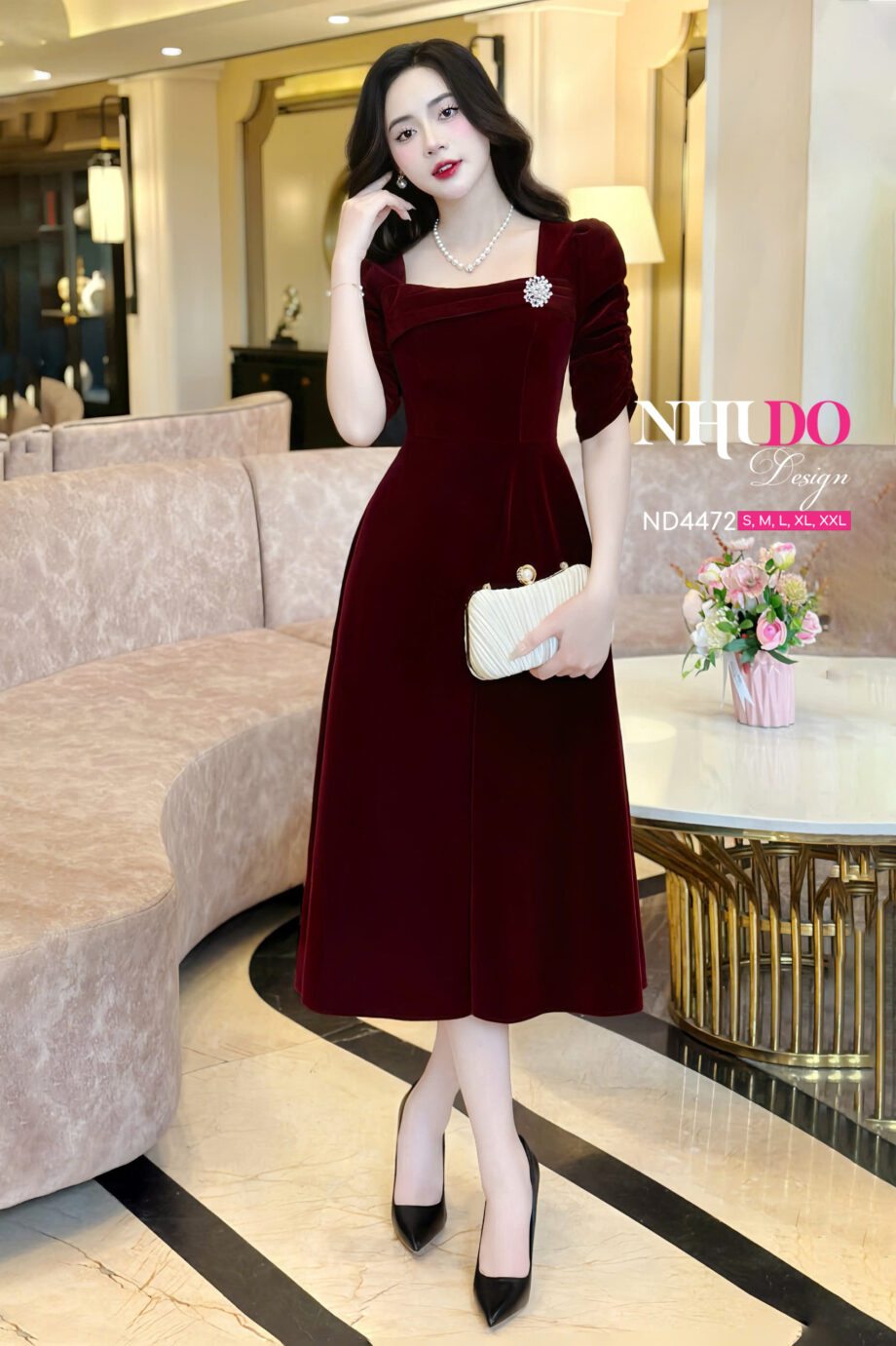 ND4472 Váy Dự Tiệc Cổ Vuông Cách Điệu Đính Đá Lấp Lánh