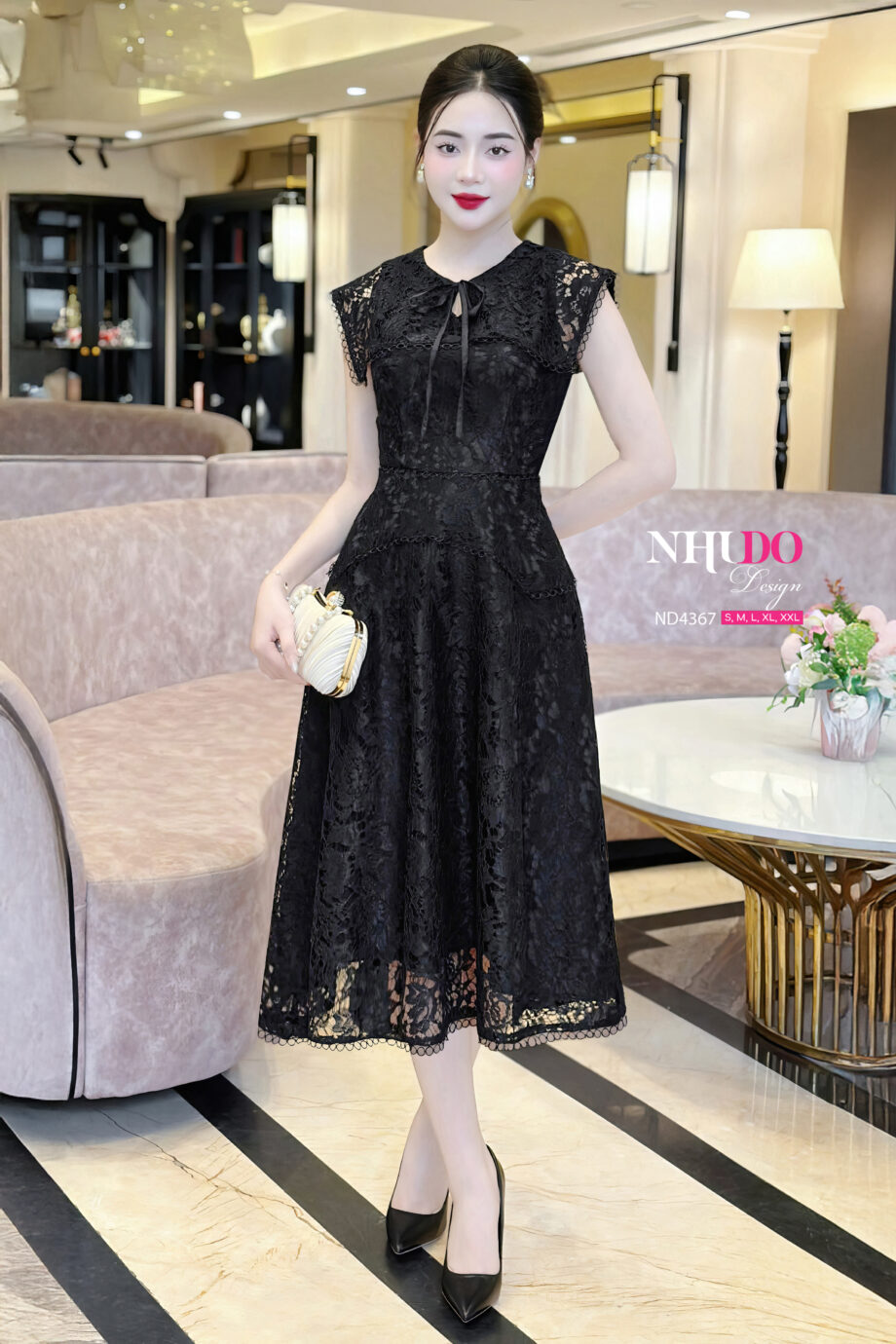 ND4367 Váy Dự Tiệc Phối Ren Thắt Nơ Cách Điệu