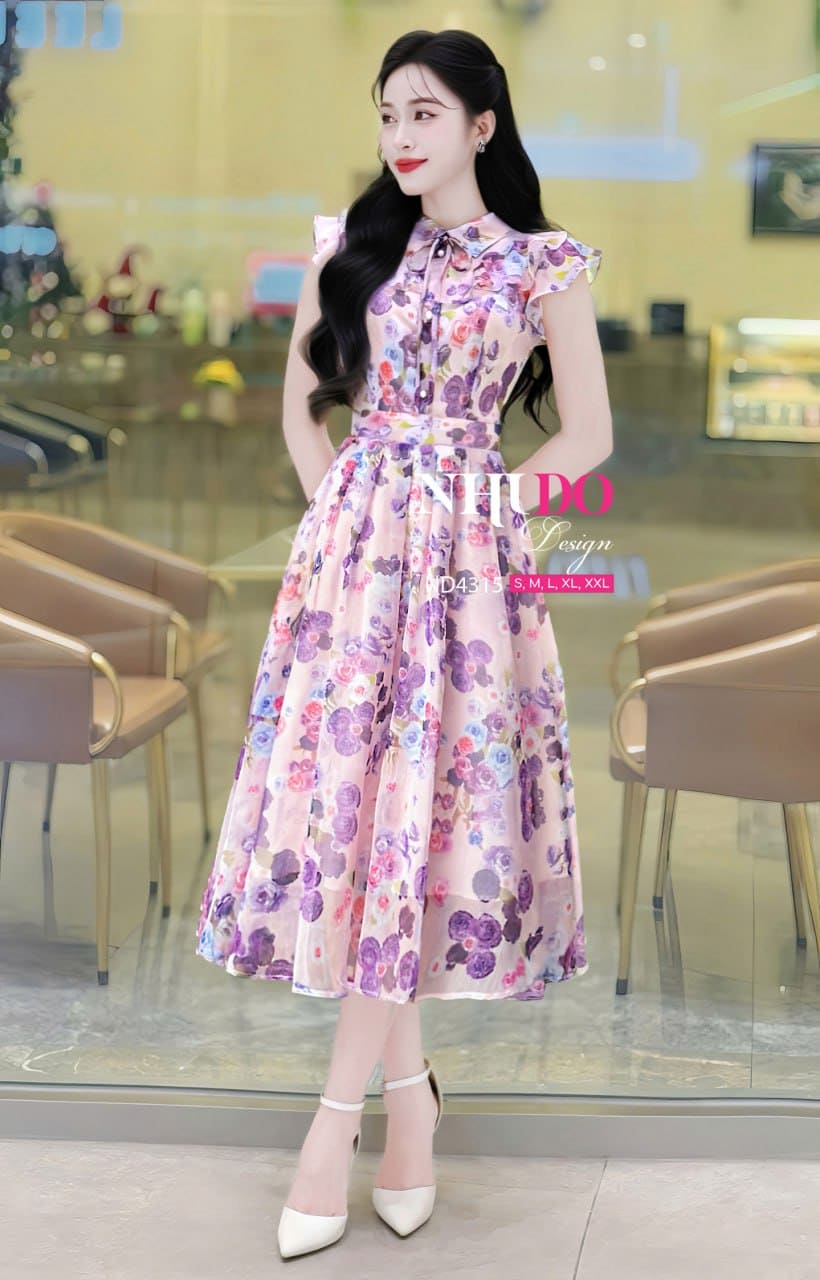 Váy hoa công sở dáng suông