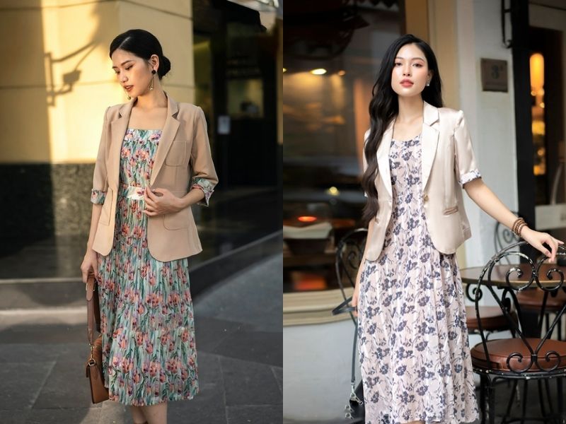 Phối váy hoa công sở với áo blazer